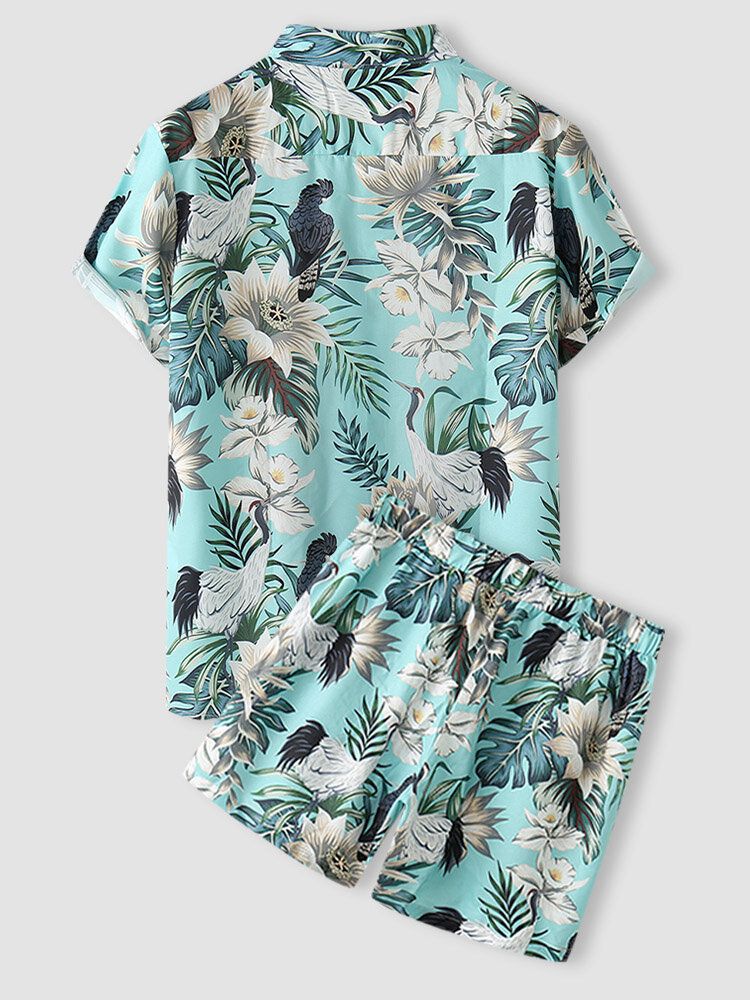 Tropical Plant Print Button Up Holiday Two Piece Outfits För Män