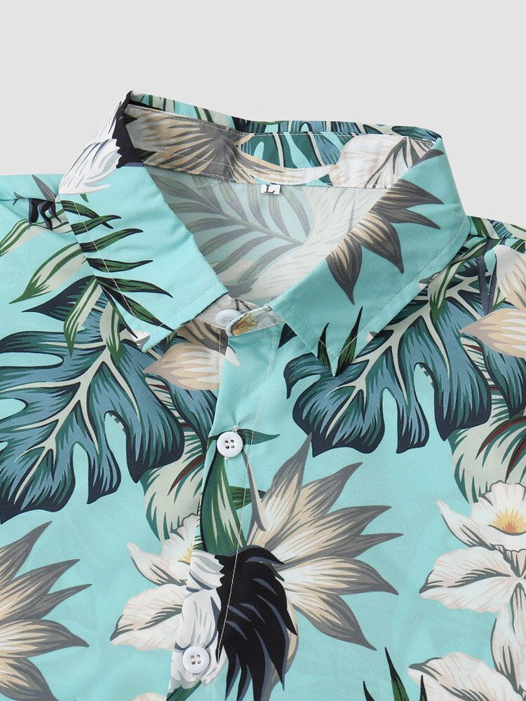 Tropical Plant Print Button Up Holiday Two Piece Outfits För Män