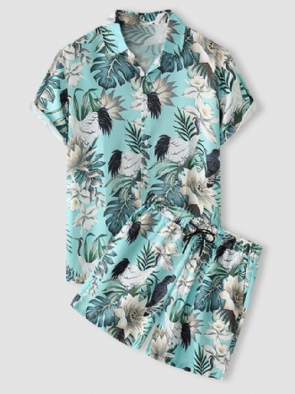 Tropical Plant Print Button Up Holiday Two Piece Outfits För Män