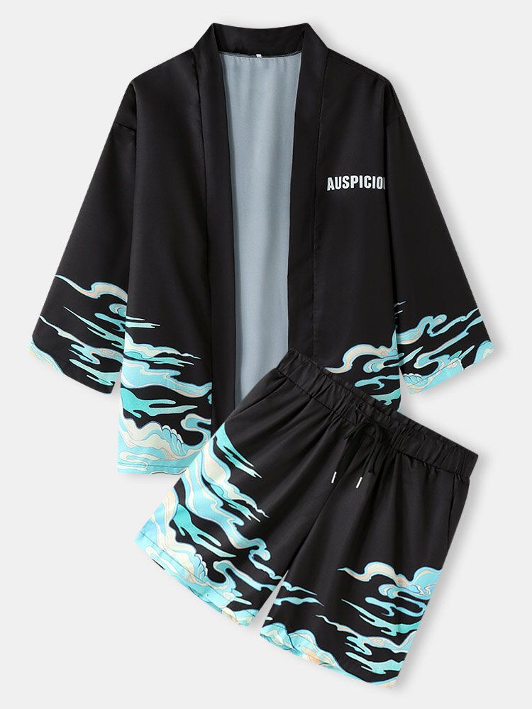 Vågbokstavstryck För Män Kimono Semester Lösa Tvådelade Outfits