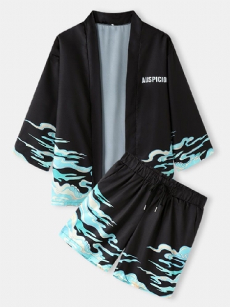 Vågbokstavstryck För Män Kimono Semester Lösa Tvådelade Outfits