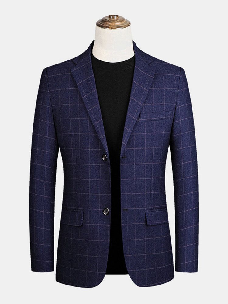 Herr Rutig Platt Krage Enkelknäppt Ficka Långärmad Casual Blazers