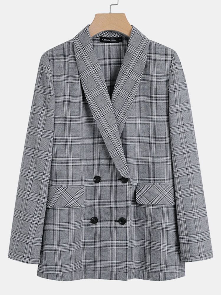 Kvinnor Pläd Dubbelknäppt Lapel Casual Långärmad Tunna Blazers