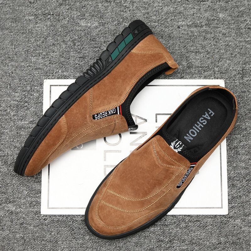 Män Comfy Pigskin Lädersömmar Halkfri Rund Tå Lazy Slip-on Loafers Skor