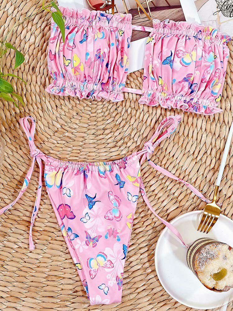 Animal Butterfly Printed Tie Tube Strapless Bikini Beach Badkläder För Kvinnor