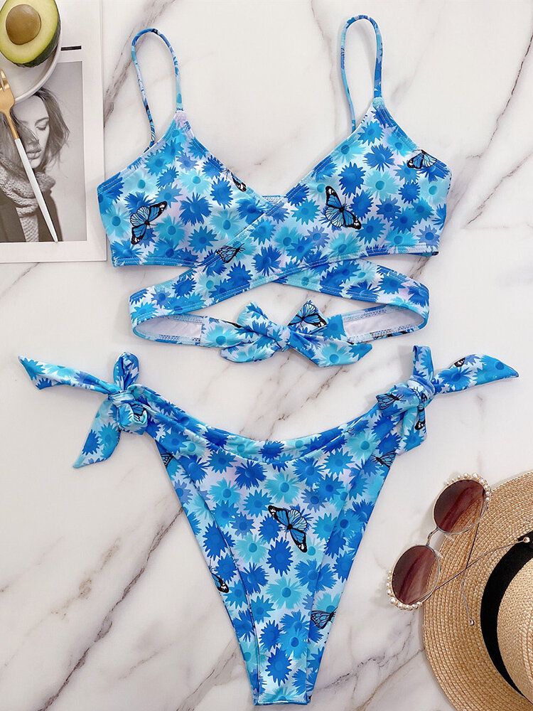 Blommig Butterfly Animal Print Tie Cross Split Beach Bikini Dam Baddräkt