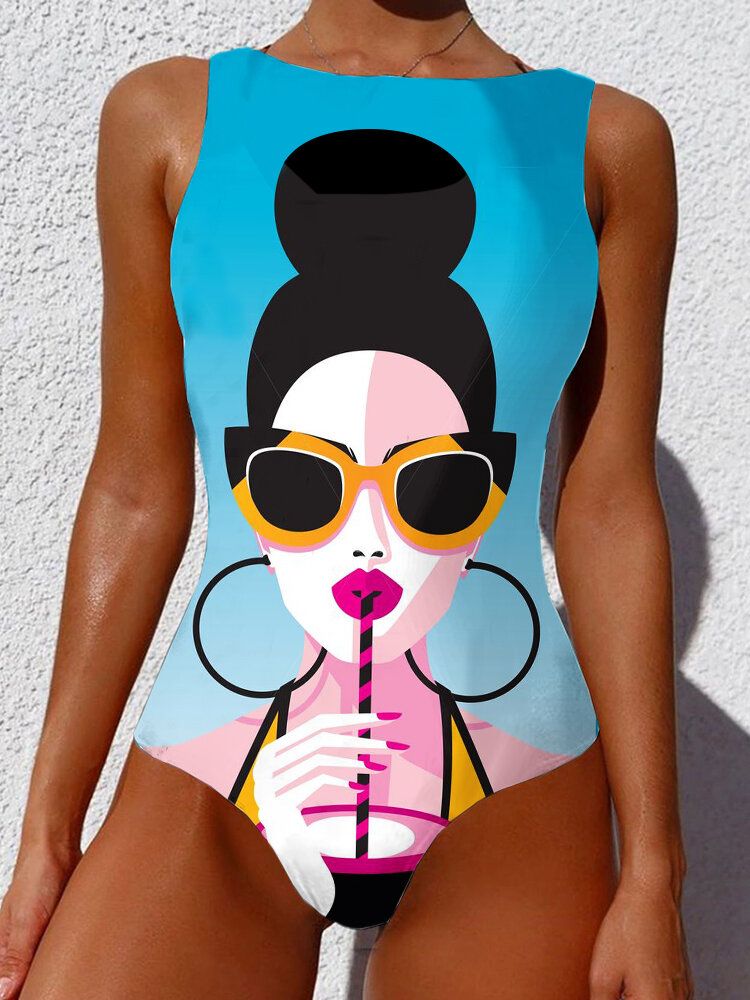 Dam Cool Girl Figur Mönster Ärmlös Höghalsad One Piece Hawaii Badkläder