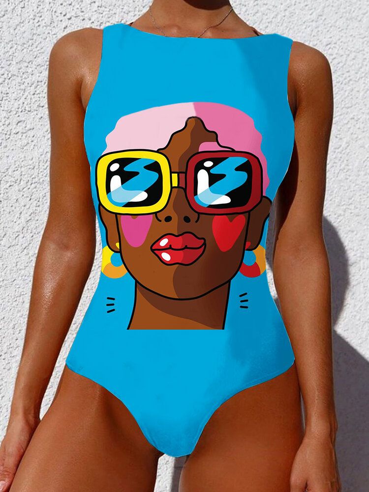 Dam Cool Girl Figur Mönster Ärmlös Höghalsad One Piece Hawaii Badkläder