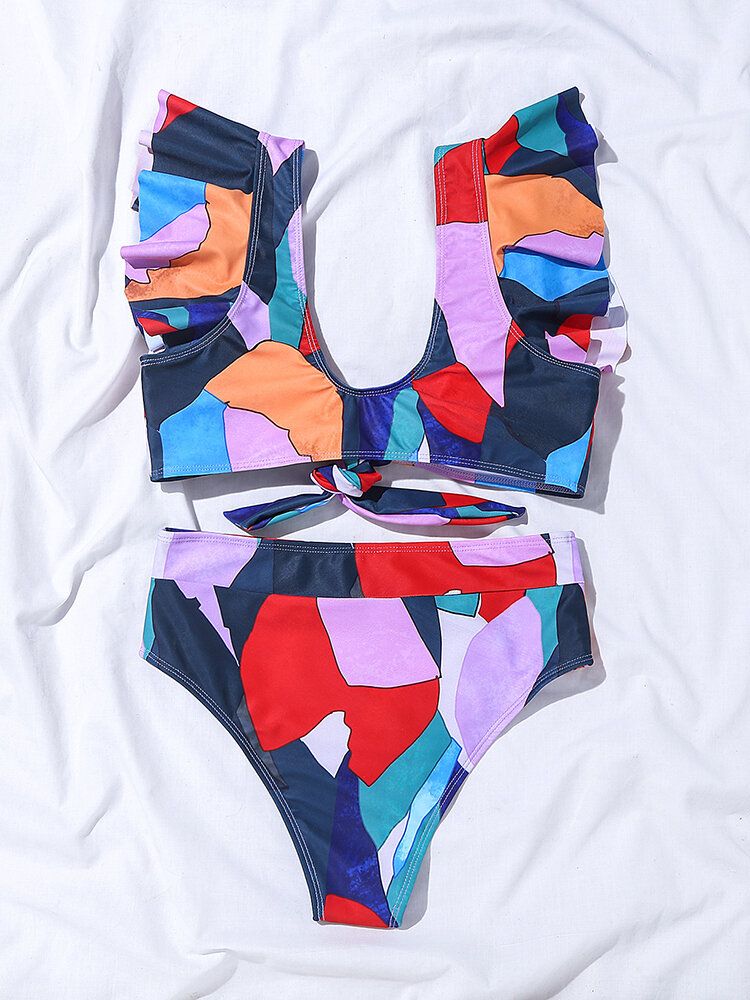 Dam Geometri Print Volanger Knot High Waist Beach Bikini