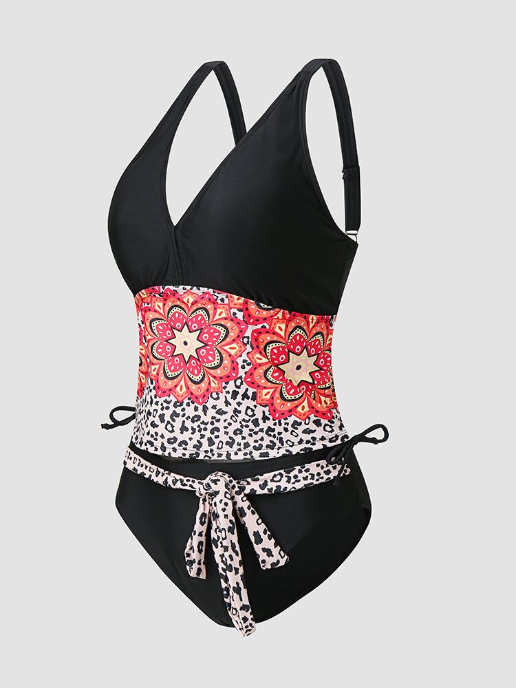 Dam Leopard Calico Patchwork Ribbon Vadderade Bikinis I Bohemisk Stil