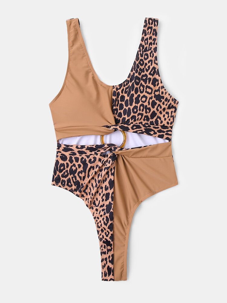 Dam Leopard Patchwork Enfärgad Bikini One Piece Cut Out Slimmande Badkläder