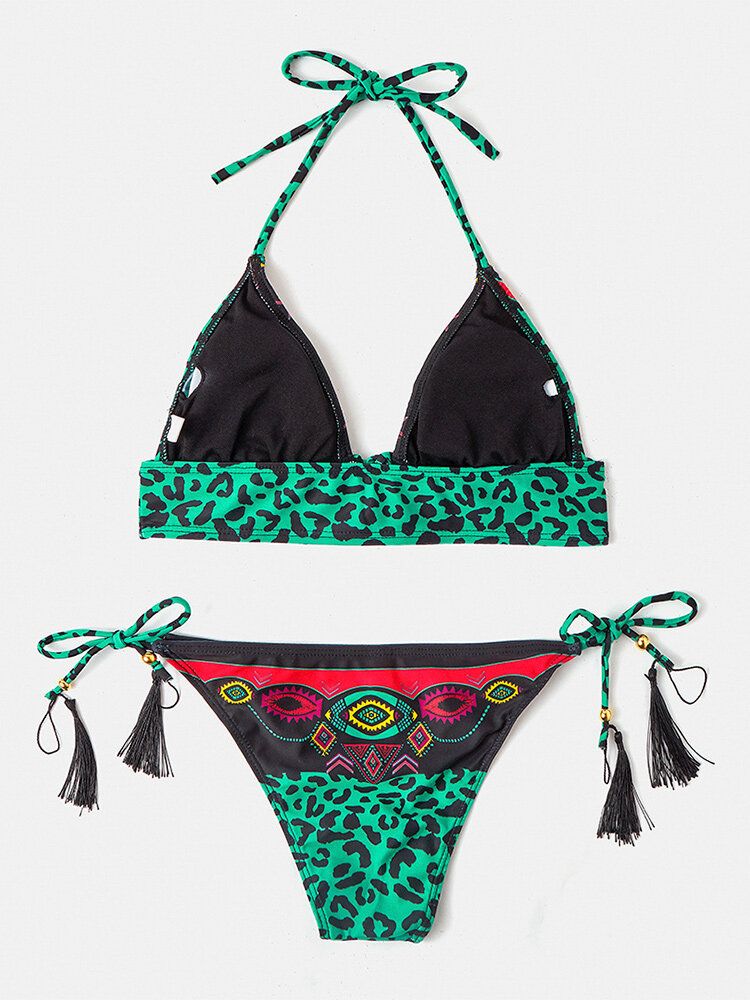 Dam Leopard Patchwork Etniskt Tryck Halter String Bikini Backless Badkläder