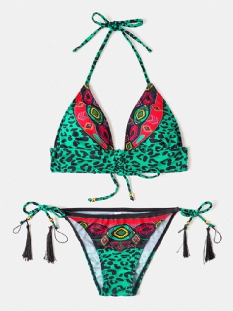 Dam Leopard Patchwork Etniskt Tryck Halter String Bikini Backless Badkläder