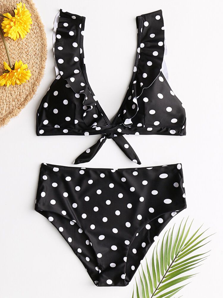 Dam Polka Dot Print Volanger Ärmar Knyt Bikini Med Hög Midja