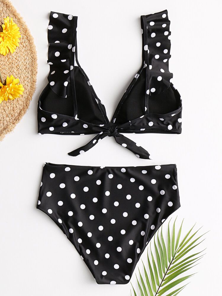 Dam Polka Dot Print Volanger Ärmar Knyt Bikini Med Hög Midja