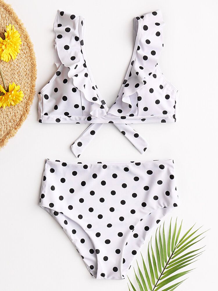 Dam Polka Dot Print Volanger Ärmar Knyt Bikini Med Hög Midja