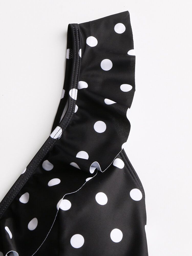 Dam Polka Dot Print Volanger Ärmar Knyt Bikini Med Hög Midja