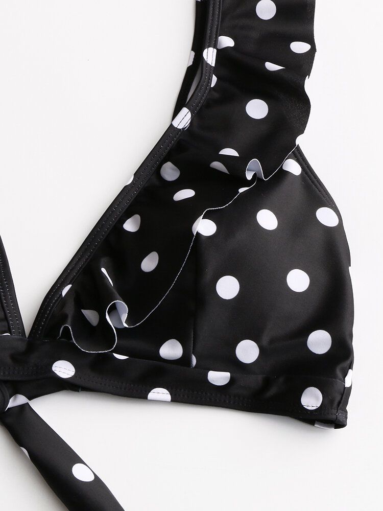 Dam Polka Dot Print Volanger Ärmar Knyt Bikini Med Hög Midja