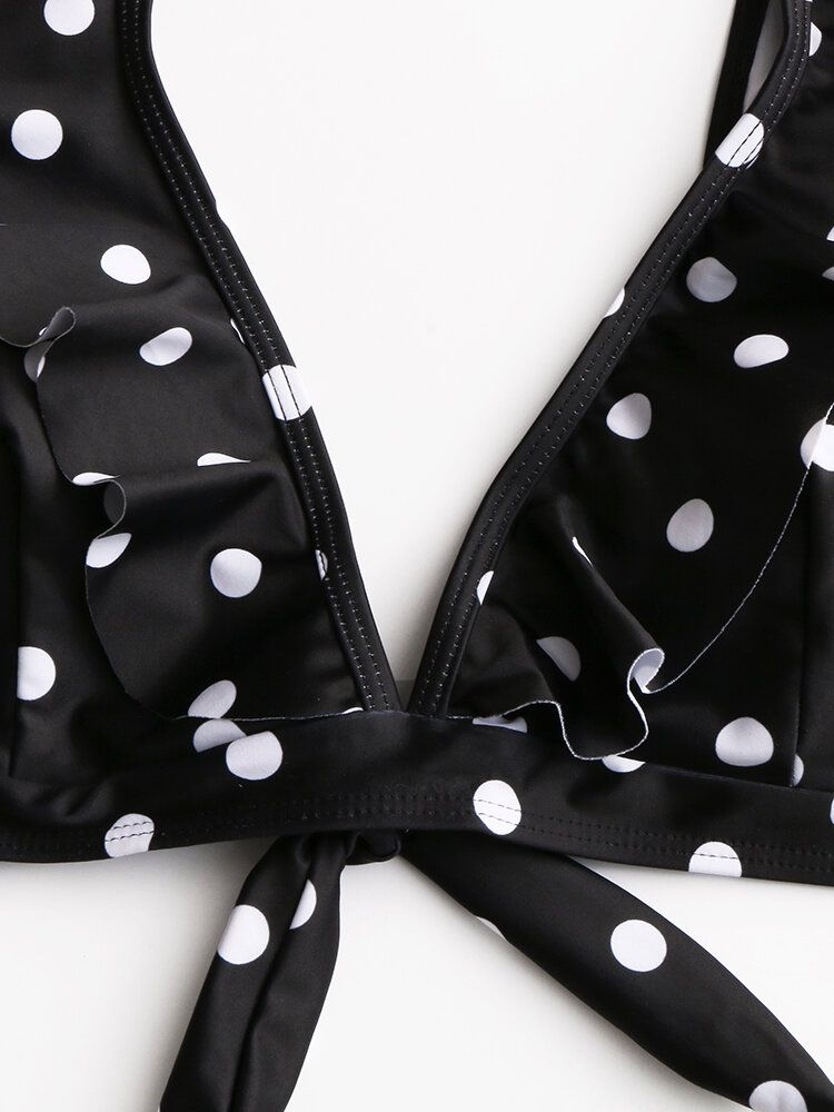 Dam Polka Dot Print Volanger Ärmar Knyt Bikini Med Hög Midja