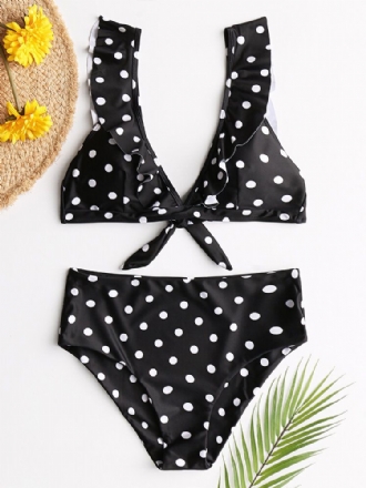 Dam Polka Dot Print Volanger Ärmar Knyt Bikini Med Hög Midja