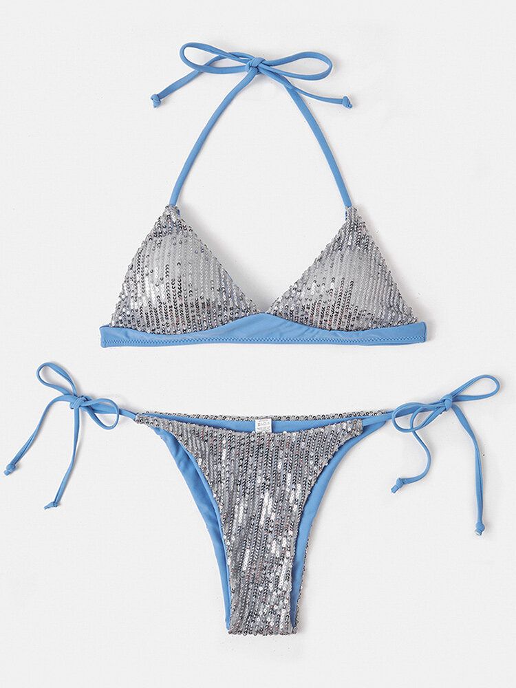 Dam Triangel Halter Paljetter Enfärgad Rygglös Bikini String Beachwear