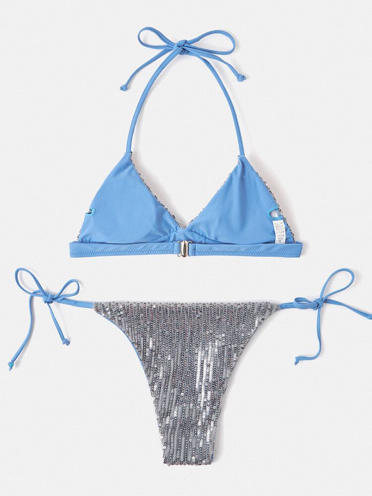 Dam Triangel Halter Paljetter Enfärgad Rygglös Bikini String Beachwear