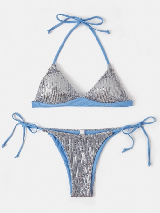 Dam Triangel Halter Paljetter Enfärgad Rygglös Bikini String Beachwear