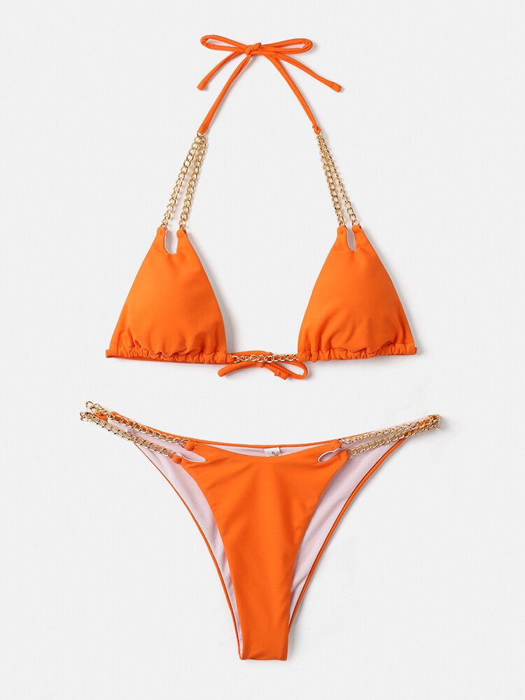 Dam Triangel Halter String Solid Color Chain Bikini Backless Badkläder