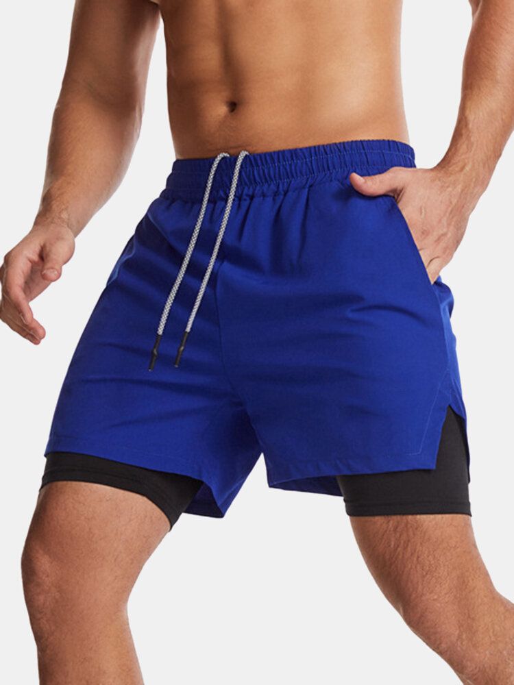 Enfärgad Herr Snabbtorkande Sportlöpning Casual Stretch-brädshorts Med Dubbla Lager