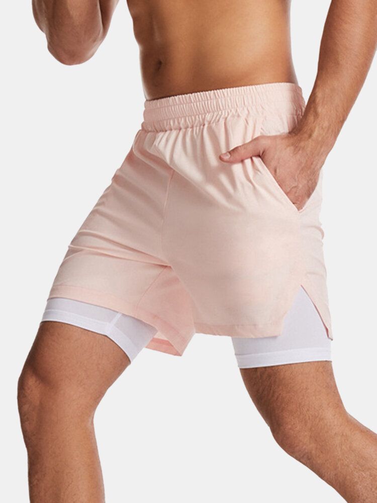 Enfärgad Herr Snabbtorkande Sportlöpning Casual Stretch-brädshorts Med Dubbla Lager