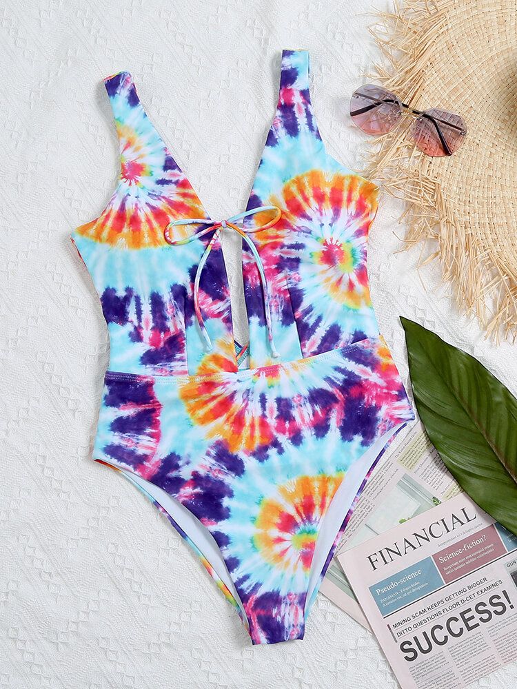 Färgglad Tie Dye Bowknot Trim High Fork One Piece Dam Strandbadkläder