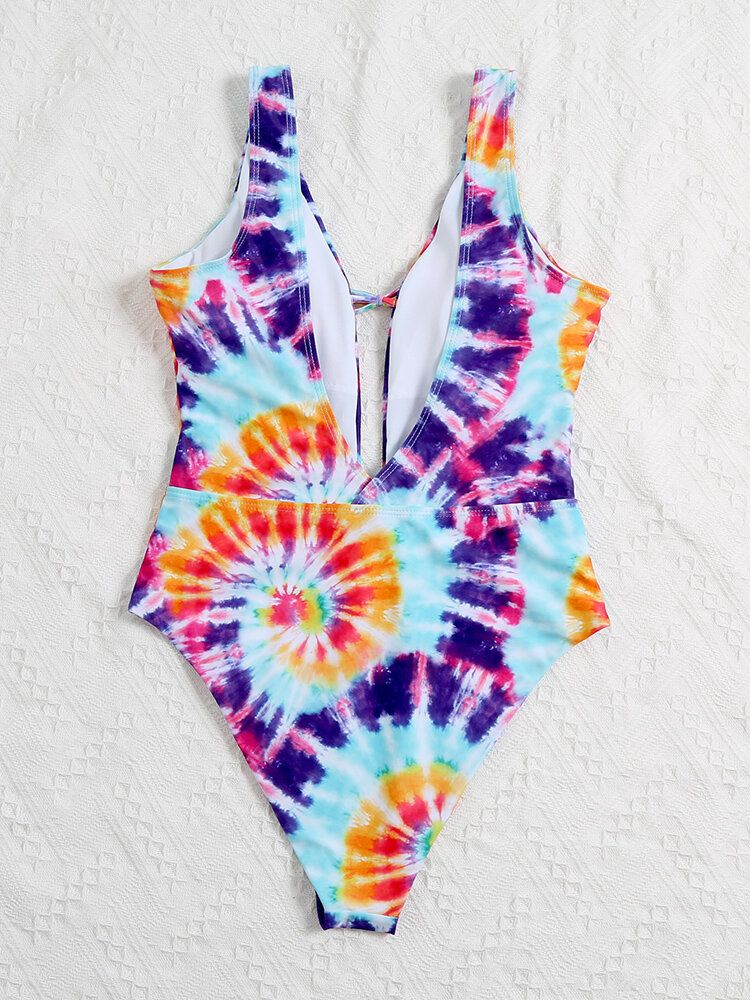 Färgglad Tie Dye Bowknot Trim High Fork One Piece Dam Strandbadkläder