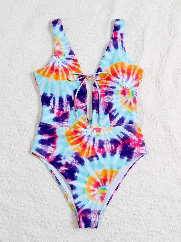 Färgglad Tie Dye Bowknot Trim High Fork One Piece Dam Strandbadkläder