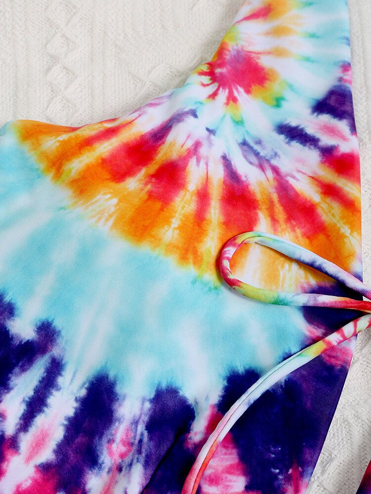 Färgglad Tie Dye Bowknot Trim High Fork One Piece Dam Strandbadkläder