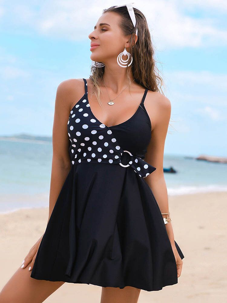 Geometrisk Polka Dot Patchwork Ring Trim Beach Swimdress