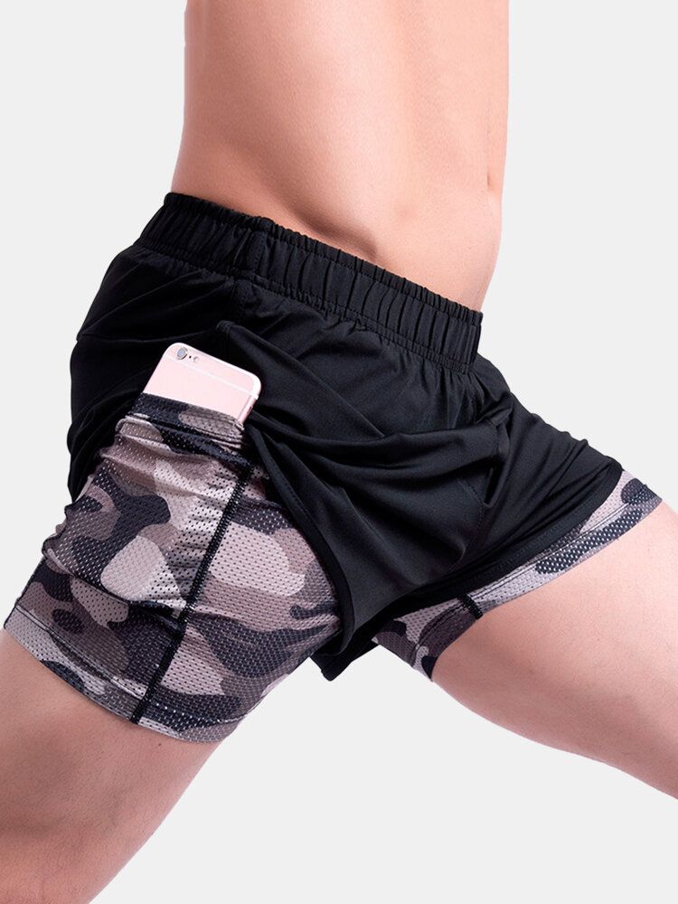 Herr Camo Patchwork Snabbtorkande Elastisk Midja Lös Löpning Utomhus Sports Stretch Shorts