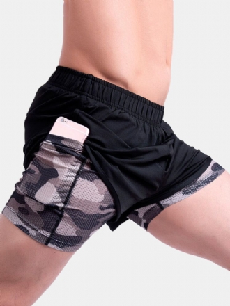 Herr Camo Patchwork Snabbtorkande Elastisk Midja Lös Löpning Utomhus Sports Stretch Shorts