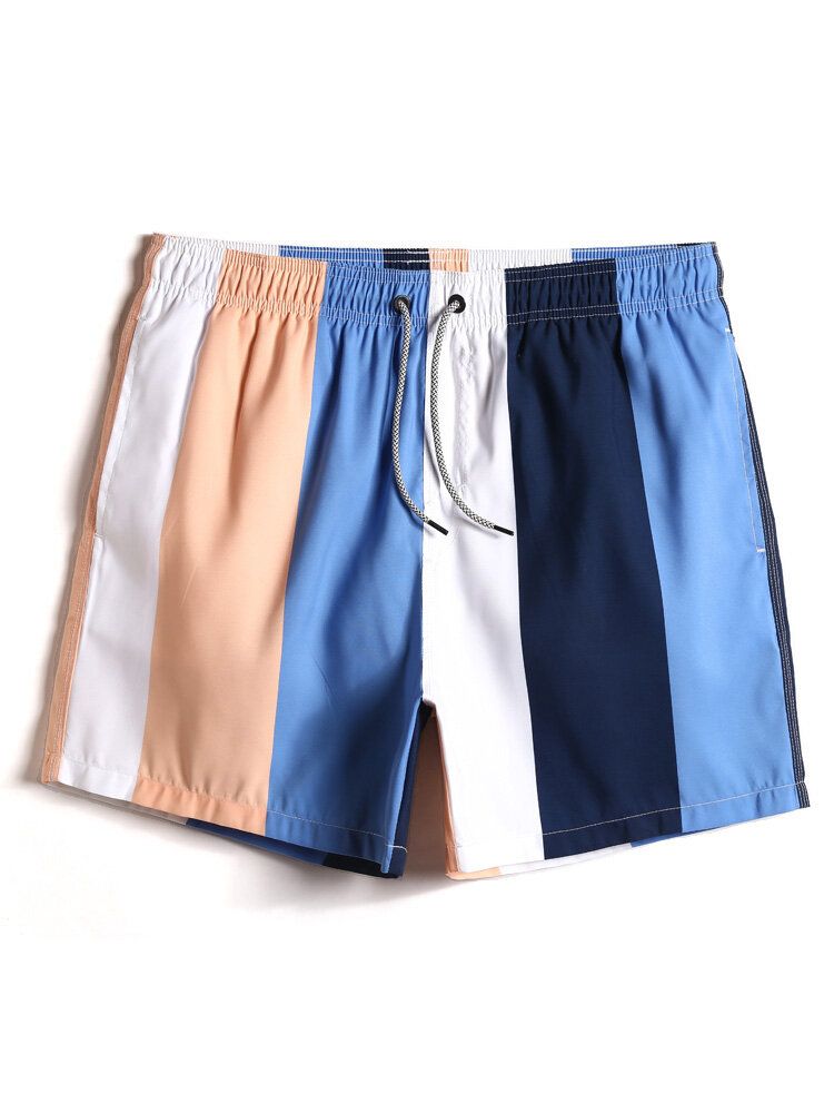 Herr Color Block Stripe Snabbtorkande Strandshorts Med Dragsko Med Ficka