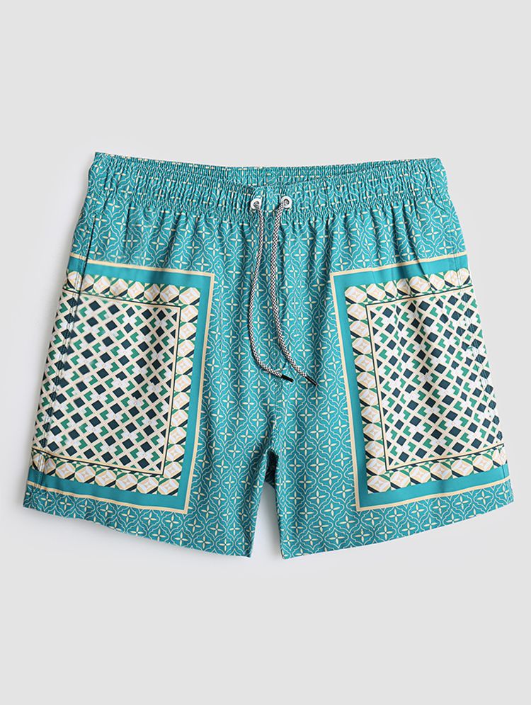 Herr Elegant Tryck Patchwork Retrostil Lättvikts Tunna Shorts Med Dragsko