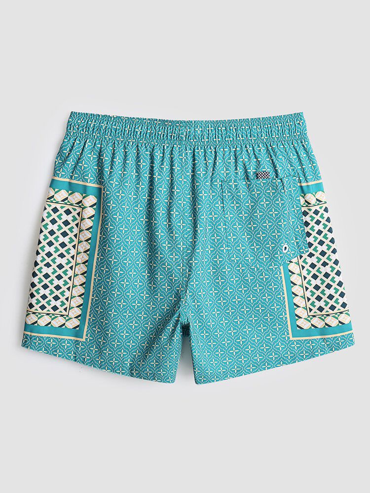 Herr Elegant Tryck Patchwork Retrostil Lättvikts Tunna Shorts Med Dragsko