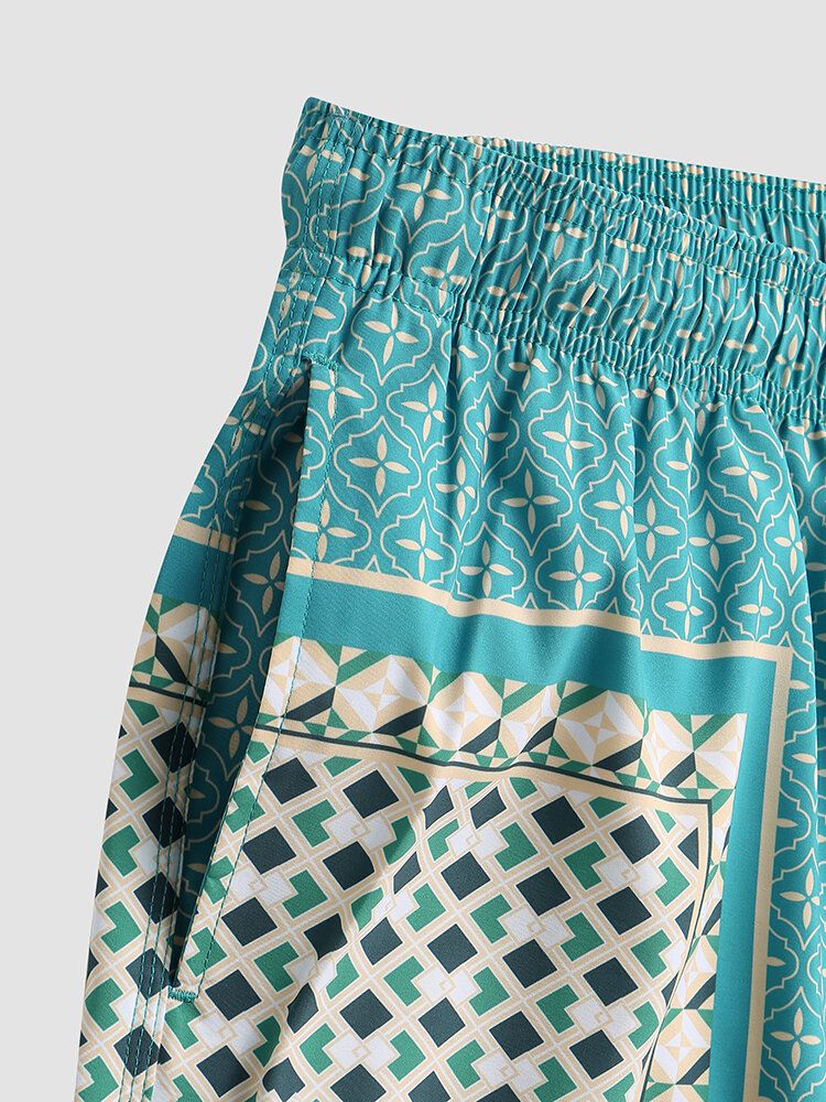 Herr Elegant Tryck Patchwork Retrostil Lättvikts Tunna Shorts Med Dragsko