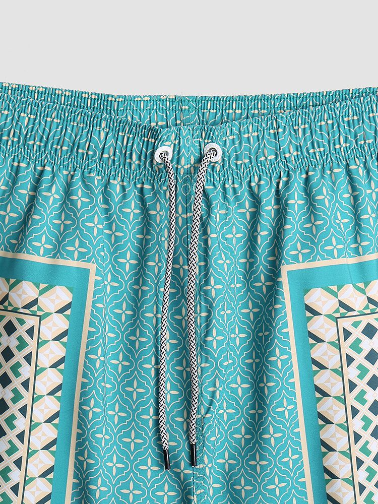 Herr Elegant Tryck Patchwork Retrostil Lättvikts Tunna Shorts Med Dragsko