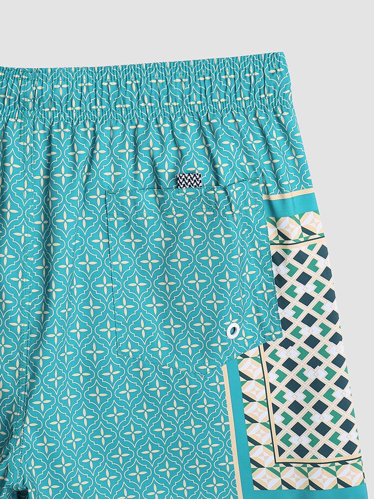 Herr Elegant Tryck Patchwork Retrostil Lättvikts Tunna Shorts Med Dragsko