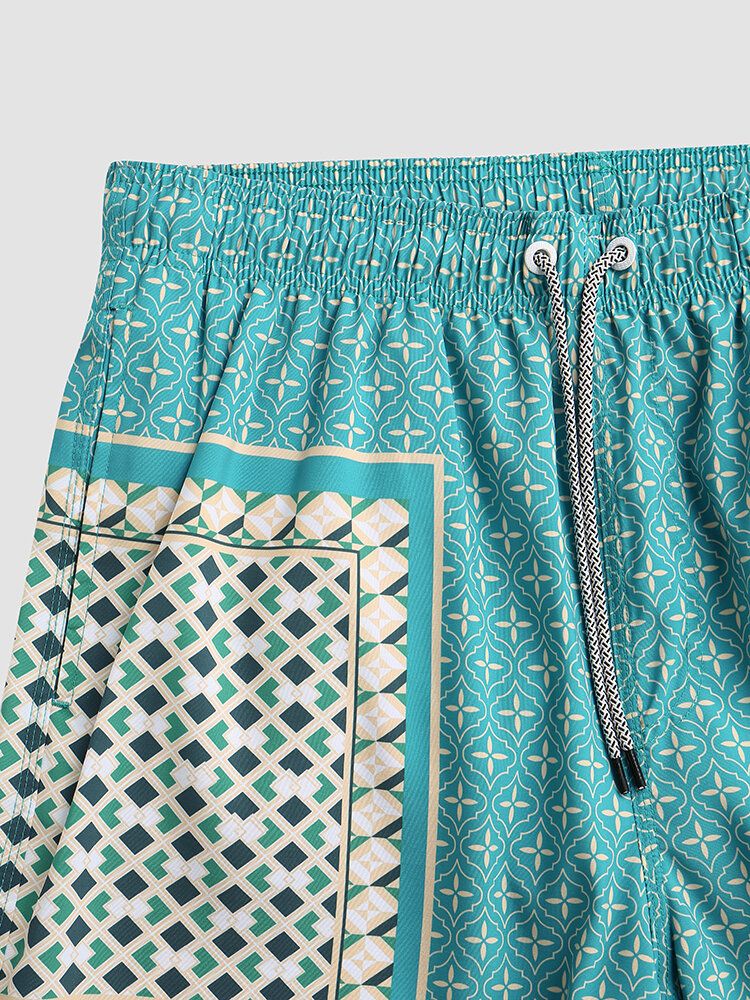 Herr Elegant Tryck Patchwork Retrostil Lättvikts Tunna Shorts Med Dragsko