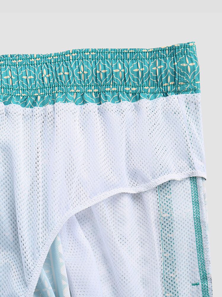 Herr Elegant Tryck Patchwork Retrostil Lättvikts Tunna Shorts Med Dragsko