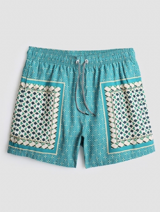 Herr Elegant Tryck Patchwork Retrostil Lättvikts Tunna Shorts Med Dragsko