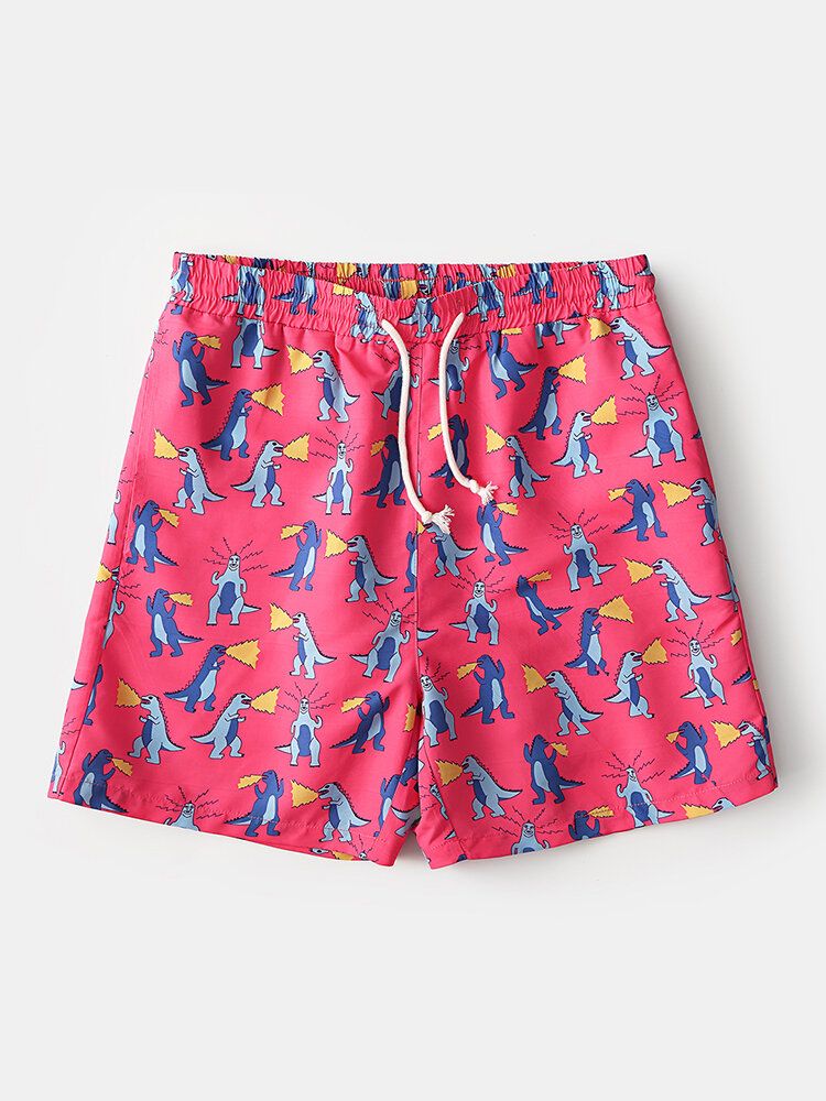 Herr Holiday Dinosaur Funny Cartoon Printing Snabbtorkande Mini Short Beach Shorts