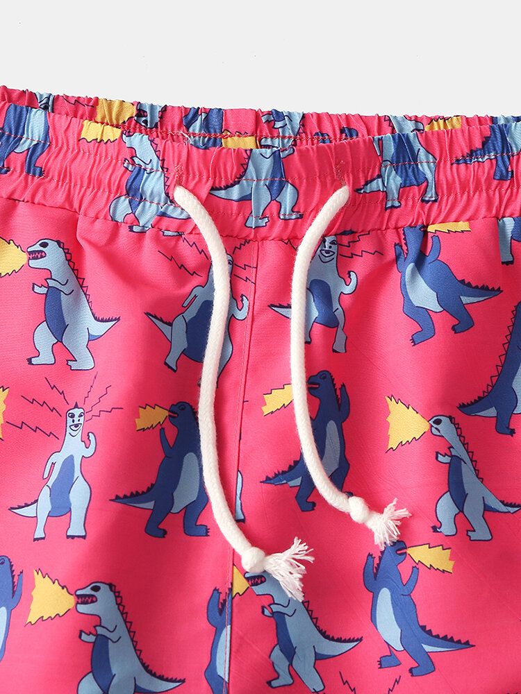 Herr Holiday Dinosaur Funny Cartoon Printing Snabbtorkande Mini Short Beach Shorts