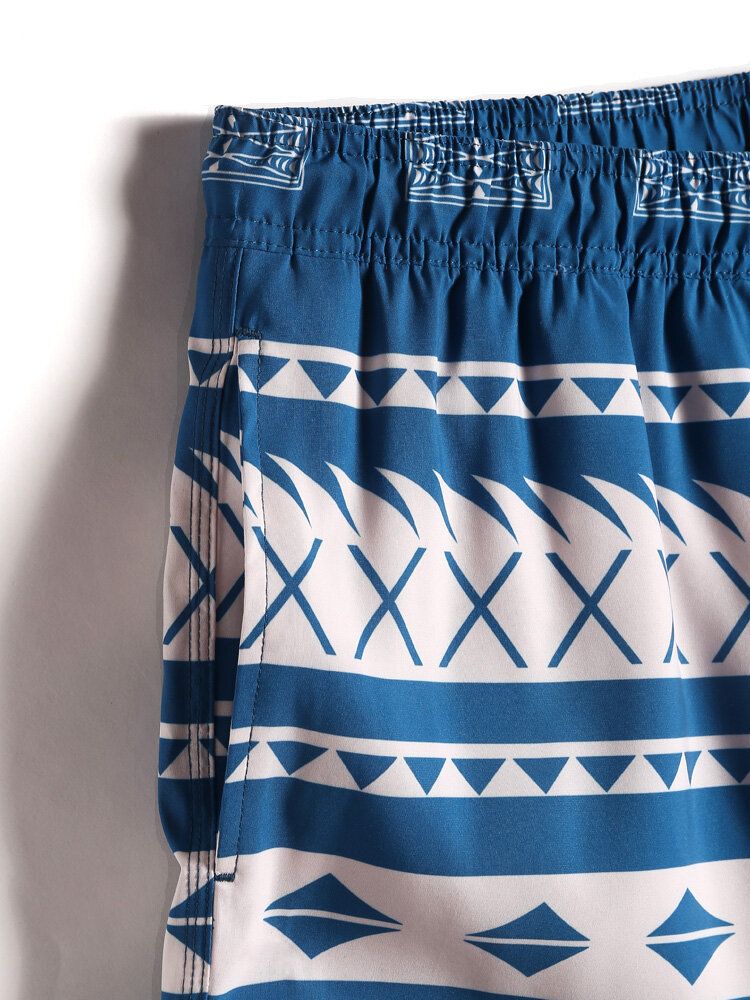 Herr Snabbtorkande Vintage Geo Print Dragsko Midja Beach Shorts