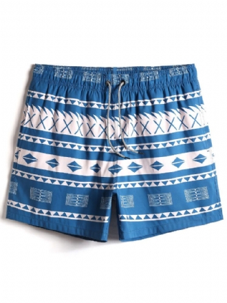 Herr Snabbtorkande Vintage Geo Print Dragsko Midja Beach Shorts